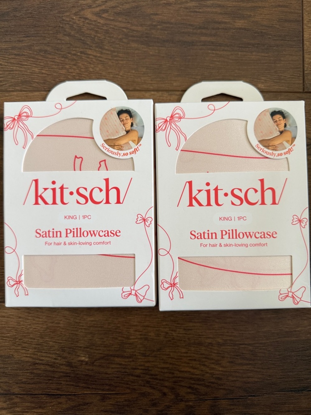 Set of 2 Kitsch Satin King Pillowcases - Blush Pink, striped bows design - New
